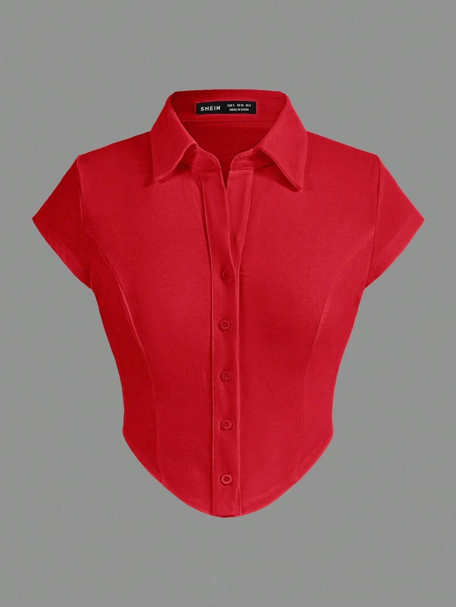 Muchica Women's Plain Color Front Button Short Sleeve Simple Casual Blouse, Red Top - Red - View 1