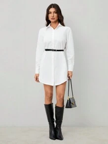 SHEIN Tall White Shirt Style Work Dress For Women, Spring - White - View 3