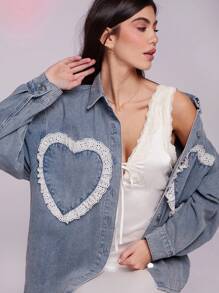 WESTFADE 春季孔眼饰边牛仔女式心形口袋牛仔衬衫夹克