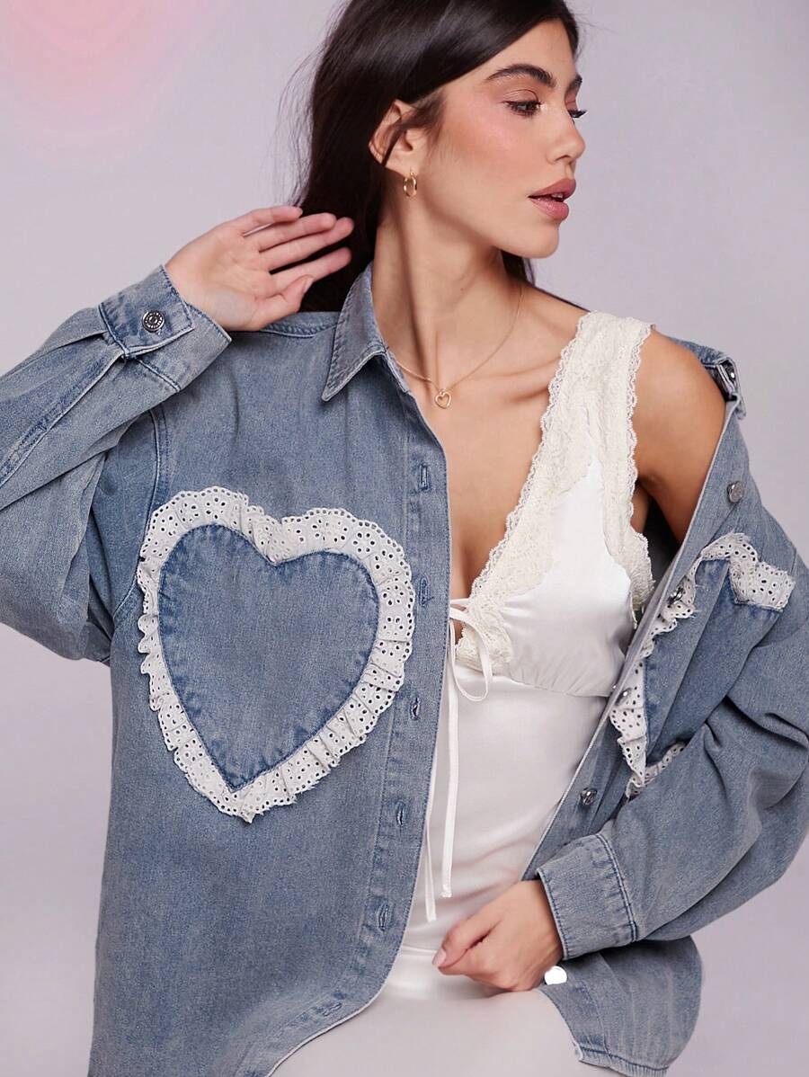 WESTFADE 春季孔眼饰边牛仔女式心形口袋牛仔衬衫夹克