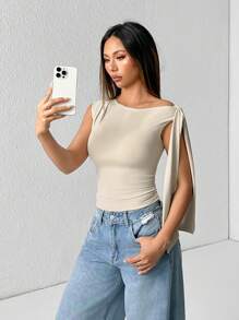 SHEIN PETITE 1pc Women's Solid Color Minimalist Oblique Collar Tied Blouse, Casual Daily Wear
