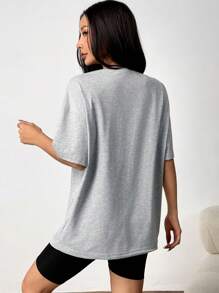 SHEIN EZwear 夏季上衣 粉色纯色字母压花落肩 T 恤 - 灰色 - 查看 2