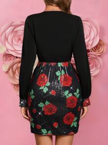 Ellevyn 女士优雅 V 领亮片黑红色迷你紧身连衣裙，新款春夏情人节连衣裙优雅生日服装女士中国新年服装 - 彩色 - 查看 4