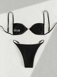 Bộ bikini dây mảnh hở lưng gợi cảm 2 món/bộ màu đen và quần bó cao mùa hè - màu đen - Xem 4