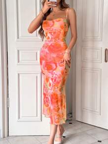 Firerie Women's Elegant All-Over Floral Print Mermaid Dress,Vacation Outfits Women - Orange - View 5