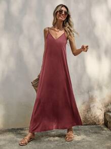 SHEIN LUNE 度假休闲纯色无袖连衣裙 - 紅色 - 查看 6