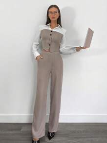 SHEIN Essnce Dames gestreept patchwork shirt met lange mouwen en gestreepte lange broek set, Office Commuter 2-delige outfit, kantoorkleding