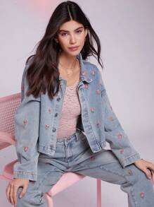 WESTFADE Spring Floral Embroidered Cropped Denim Jacket For Cowgirl
