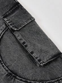 SHEIN EZwear Women's Spring/Summer Cargo Streetwear Going Out Washed Black Pants - Black - View 5