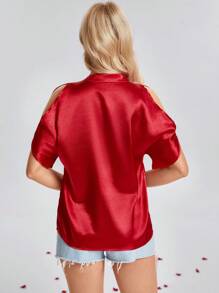 SHEIN LUNE 情人节女士红色露肩衬衫 - 紅色 - 查看 5