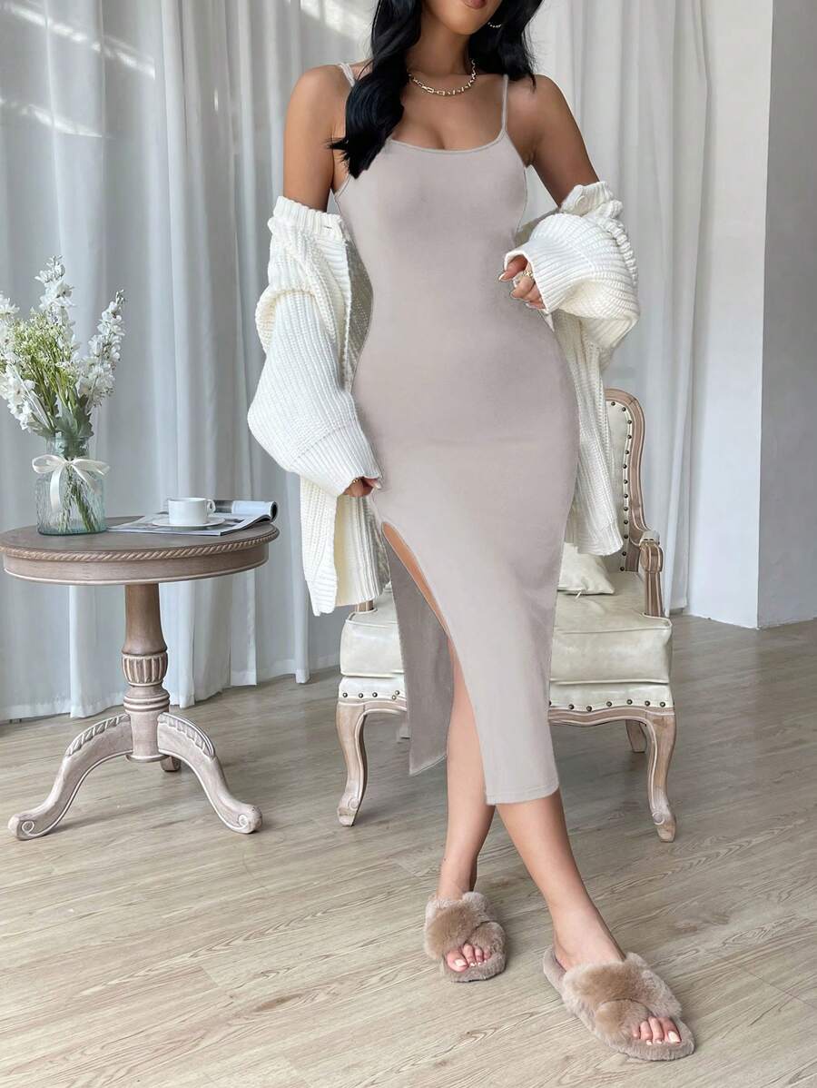 SHEIN Essnce Women's Solid Color Sleeveless Slim Fit Casual Midi Spaghetti Strap Dress With Slit Long Bodycon Spaghetti Strap Dress Bodycon Spaghetti Strap Dresses Spaghetti Strap Dresses For Women Elegant Women Midi Spaghetti Strap Dresses Classy Spaghetti Strap Dresses For Women - Light Grey - View 1