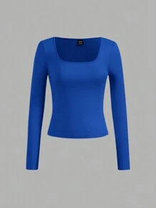 SHEIN EZwear 3件組女款休閒純色黑色、鈷藍色、白色短袖修身短版T恤，適合秋冬，日常上班穿搭上衣 - 彩色 - 查看 9