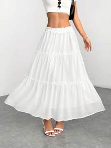 SHEIN PETITE Ruffle Skirt Boho Long Skirt Break Solid Frill Trim Ruffle Hem Skirt - White - View 1