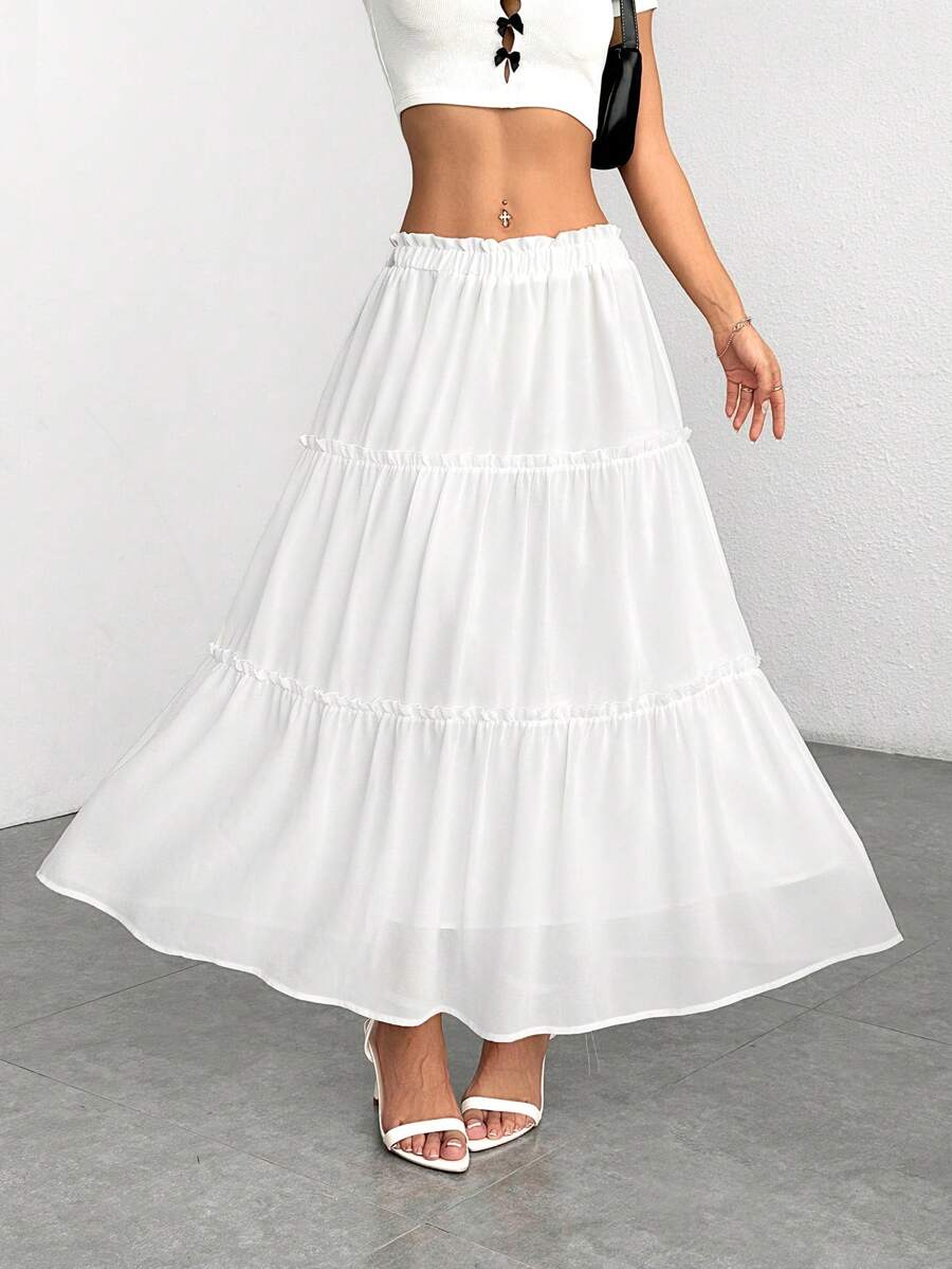 SHEIN PETITE Ruffle Skirt Boho Long Skirt Break Solid Frill Trim Ruffle Hem Skirt - White - View 1