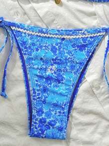 Swim Vcay Women's Random Ditsy Floral Ruffle Strap Sexy Spaghetti Strap Bikini Sets, Summer - Blue - View 4