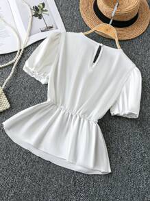 SHEIN Clasi Women's Elegant French Romantic Valentine's Day Solid Satin Rhinestone Bow Decor V-Neck Puff Sleeve Fitted Ruffle Hem Short Sleeve Blouse - White - View 2
