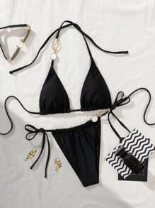 SHEIN Swim Sexy Black Beachwear Set For Women, Featuring Gold Hardware, Halter Bikini Top And Tie-Side Bottom