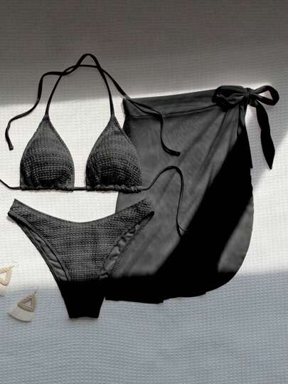 SHEIN Swim 夏季 3 件套女式纯色黑色吊带系带比基尼上衣和下装 2 件套泳衣套装