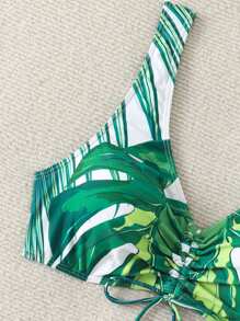 Women's Random Floral Print Round Neck Ruffles Tied Front Sporty Swimwear Top For Summer Beach Vacation - Green - View 6