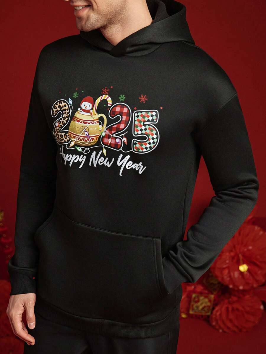 Manfinity VCAY Men's Loose Fit Letter Print Drop Shoulder Hooded Sweatshirt, Suitable For Autumn And Winter - Black - View 1