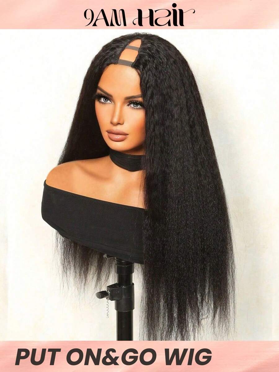 Peluca recta rizada con parte en V Peluca de cabello humano real Peluca de reemplazo de cabello asequible para mujeres Peluca sedosa barata para principiantes Usar para usar Peluca Color negro natural