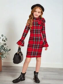 SHEIN Cô gái Tween 1 Miếng In kẻ sọc Nơ mặt trước tay áo lá sen Đầm Đối với Giáng sinh - Đỏ - Xem 3