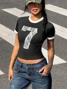 StreetHx Women's New Slim-Fit Color Blocking Ribbon Lace Pattern Round Neck Short Sleeve Crop Top - Black and White - View 5