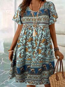 EMERY ROSE Trang phục bãi biển Boho cỡ lớn cho phụ nữ, cổ chữ V, in họa tiết cổ điển, tay bèo nhún, váy nghỉ lễ mùa hè - Màu xanh nhạt - Xem 4