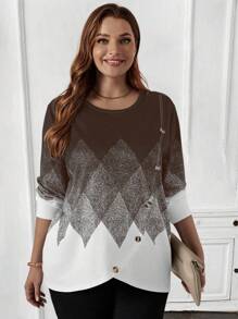 EMERY ROSE Women's Plus Size Long Sleeve Black & White Geometric Printed Fall Sweatshirt - Brown - View 4