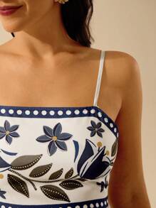 CAJUNI Top de tirantes de mujer con estampado tropical floral bohemio y cordones, camiseta casual de verano para vacaciones y playa