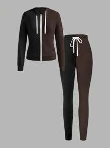 Slaydiva Herbst Lässig einfacher Kapuzenjacken schwarzer und grauer Mantel und schlanke, farblich abgestimmte Hosen Damen Zweiteiler-H