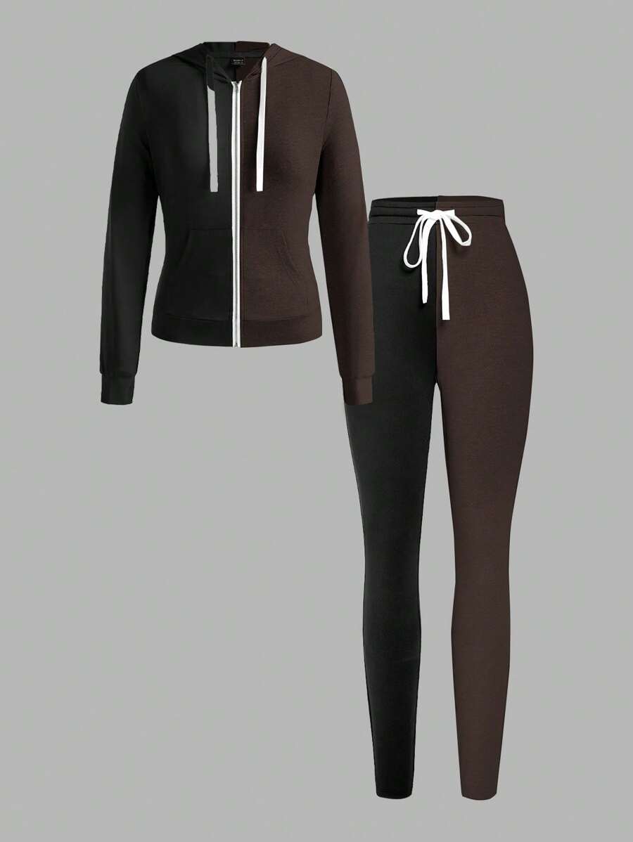 Slaydiva Herbst Lässig einfacher Kapuzenjacken schwarzer und grauer Mantel und schlanke, farblich abgestimmte Hosen Damen Zweiteiler-H