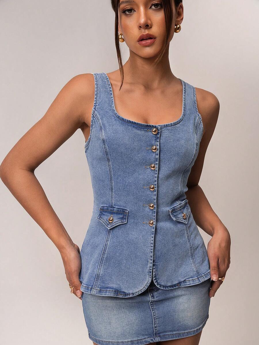 SHEIN Forever 21 女式方领无袖修身休闲牛仔背心，新春季系列 - 藍色 - 查看 1