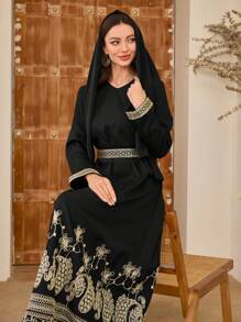 Al Najma Vestido longo árabe bordado em tecido slimming fashion - Preto - Ver 1