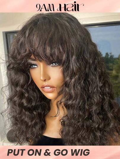 Pelucas de cabello humano corto de onda de agua con flequillo Peluca de reemplazo de cabello asequible real Peluca barata para uso amigable para principiantes Peluca para llevar Color negro natural