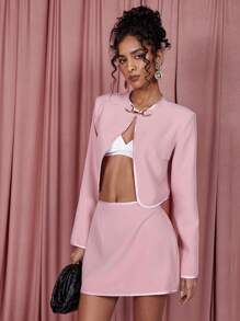 COSMINA 2 件女式纯色长袖夹克和 A 字裙，简约时尚休闲日常穿着 - 藕粉色 - 查看 1