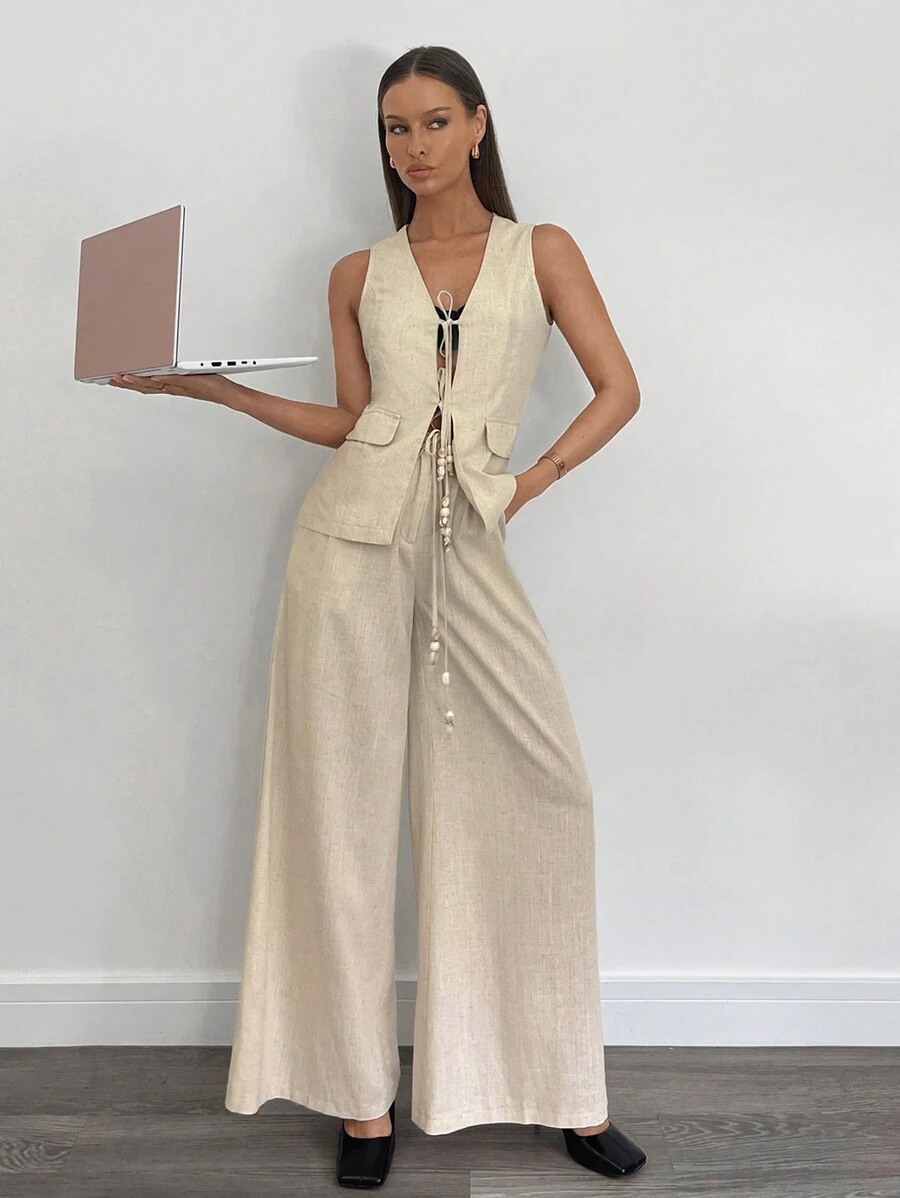 SHEIN Essnce 2 pièces Ensemble de gilet et pantalon casual pour femme avec nœud, tenue de bureau décontractée pour dames, affaires pour femmes, ensemble deux pièces pour femmes, vêtements en lin pour femmes, printemps