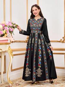 Teen Girls Elegant Print Floral Hem Long Sleeve Waisted Midi Dress, Colorful Fashion, Suitable For Spring/Summer,Holiday,Summer,Travel - Multicolor - View 3