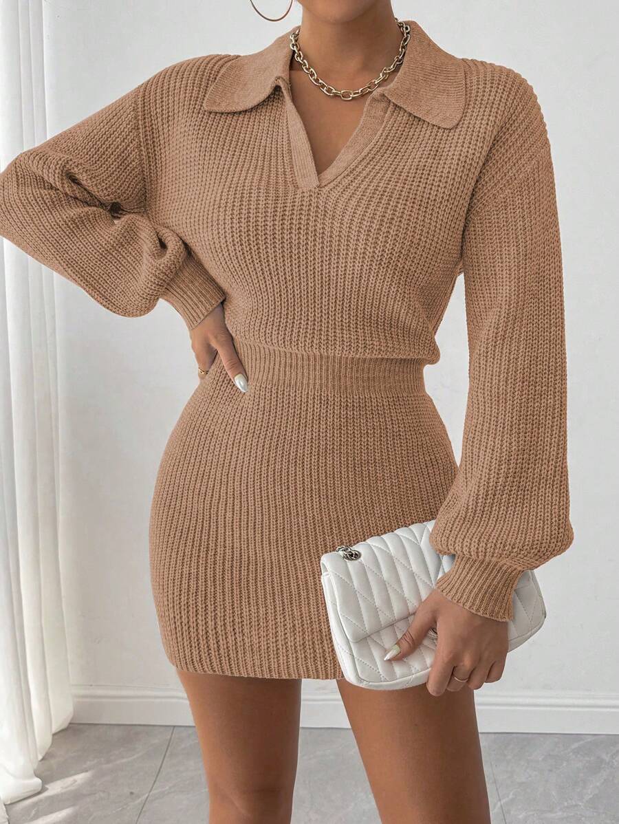 SHEIN Unity Women Solid Color Long Sleeve Slim Fit Short Knit Sweater Dress Fall Cloth For Women - Dusty Pink - View 1