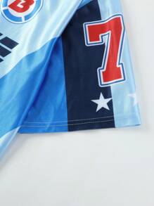 ROMWE MEN Prep Men's Jersey Loose Letter Print Short Sleeve Sports Polo Football Jersey Style Shirt, Streetwear Style - Blue - View 5