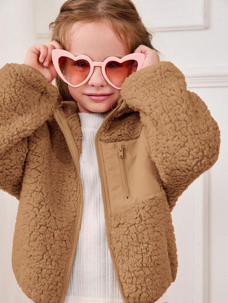 Cozy Pixies 女童厚款撞色连帽长袖开衫 - 駝色 - 查看 1