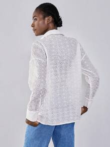 SHEIN Unity Loose Fit White Lace Embroidery Blouse, Oversized Casual & Fashionable Women Shirt Fall Cloth For Women - White - View 2