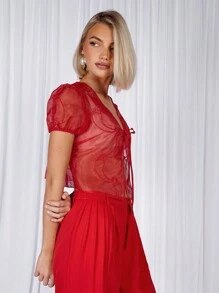 COSMINA Blusa casual de manga corta con amarre delantero y tela transparente para uso diario