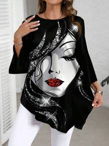 EMERY ROSE Camisa holgada de talla grande con estampado de rostro abstracto, estilo minimalista, para primavera y otoño
