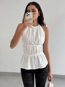 SHEIN Essnce Parte superior de mujer de halter con volante, de algodón puro blanco, para primavera y verano, para vacaciones, con espalda anudada, cintura fruncida, para la playa