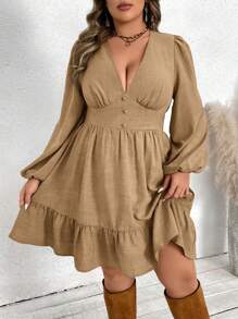 SHEIN VCAY Plus Size Lantern Sleeve Deep V-Neck Dress, Vacation Style - Camel - View 5