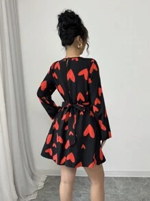 Chiquease Women's Heart Print Long Sleeve Romantic Cute Ruffle Waist Short Dress - Black - View 2