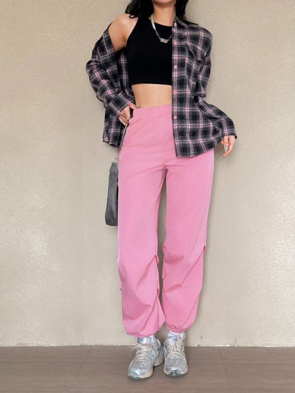 SHEIN Teen Girls' Casual Street Chic Lapel Drop Shoulder Long Sleeve Loose Pink Plaid Shirt And Elastic Waist Solid Color Jogger Pants 2 Pieces Outfit, Spring Daily Suit