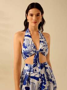 CAJUNI 女式露背波西米亚热带植物蓝白墨水假日休闲夏季剪裁上衣 - 彩色 - 查看 4