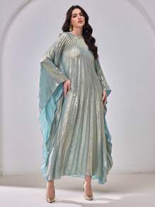 Al Najma 女士圆领长袖褶皱长款阿拉伯风格蝙蝠蝴蝶卡夫坦连衣裙，优雅奢华晚会风格，端庄 - 藍色 - 查看 7